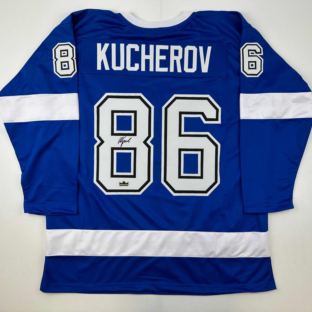 Facsimile Autographed Nikita Kucherov Tampa Bay Blue Reprint Laser Auto Hockey Jersey Size Men's XL (ONLINE ORDER ONLY)