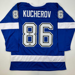 Facsimile Autographed Nikita Kucherov Tampa Bay Blue Reprint Laser Auto Hockey Jersey Size Men's XL (ONLINE ORDER ONLY)