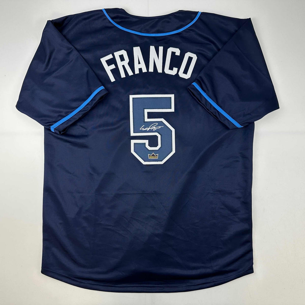 Facsimile Autographed Wander Franco Tampa Bay Navy Blue Reprint Laser Auto Baseball Jersey Size Men's XL (ONLINE ORDER ONLY)