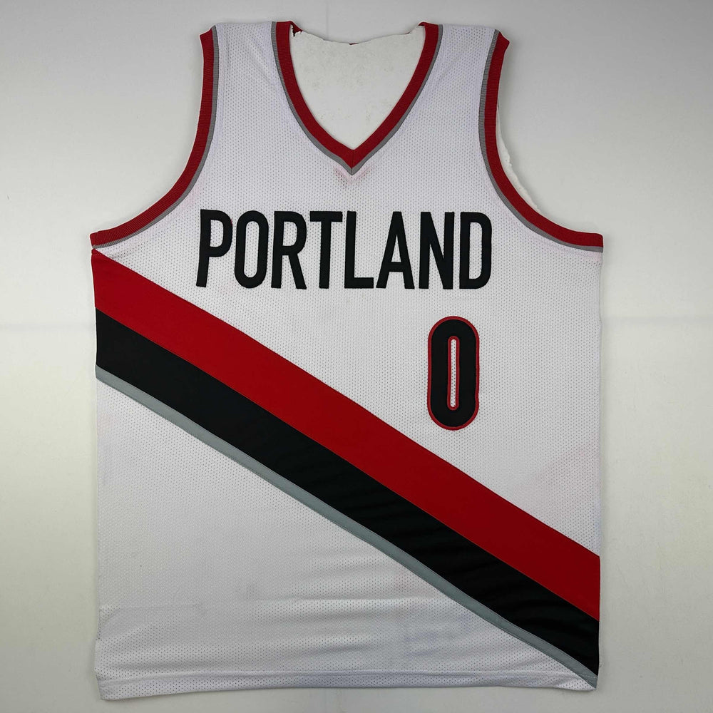 Facsimile Autographed Damian Lillard Portland White Reprint Laser Auto Basketball Jersey Size Men's XL (ONLINE ORDER ONLY)