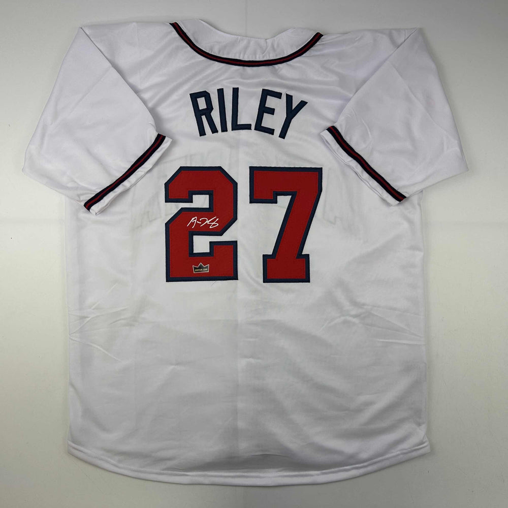 Facsimile Autographed Austin Riley Atlanta White Reprint Laser Auto Baseball Jersey Size Men's XL (ONLINE ORDER ONLY)
