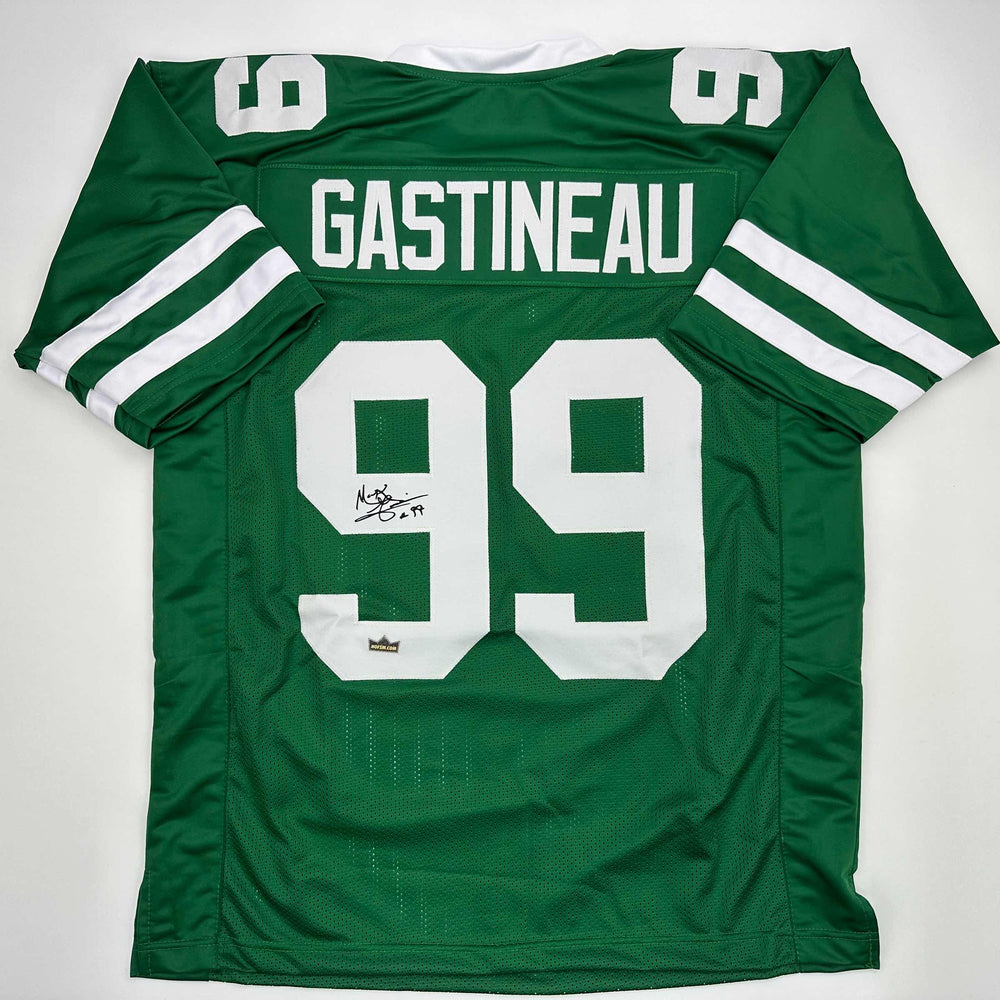 Facsimile Autographed Mark Gastineau New York Green Reprint Laser Auto Football Jersey Size Men's XL (ONLINE ORDER ONLY)