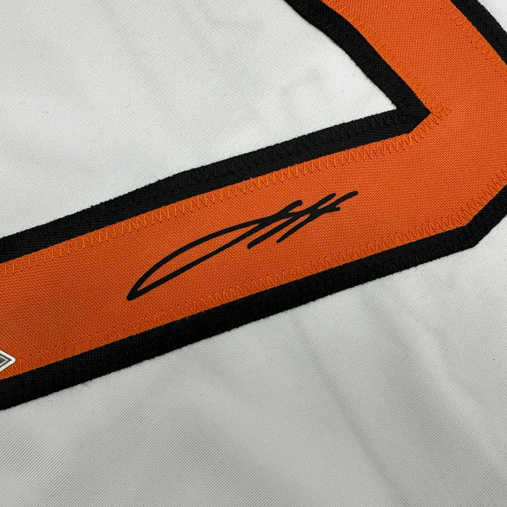Framed Facsimile Autographed Jackson Holliday 35x39 Baltimore White Reprint Laser Auto Baseball Jersey (ONLINE ORDER ONLY)