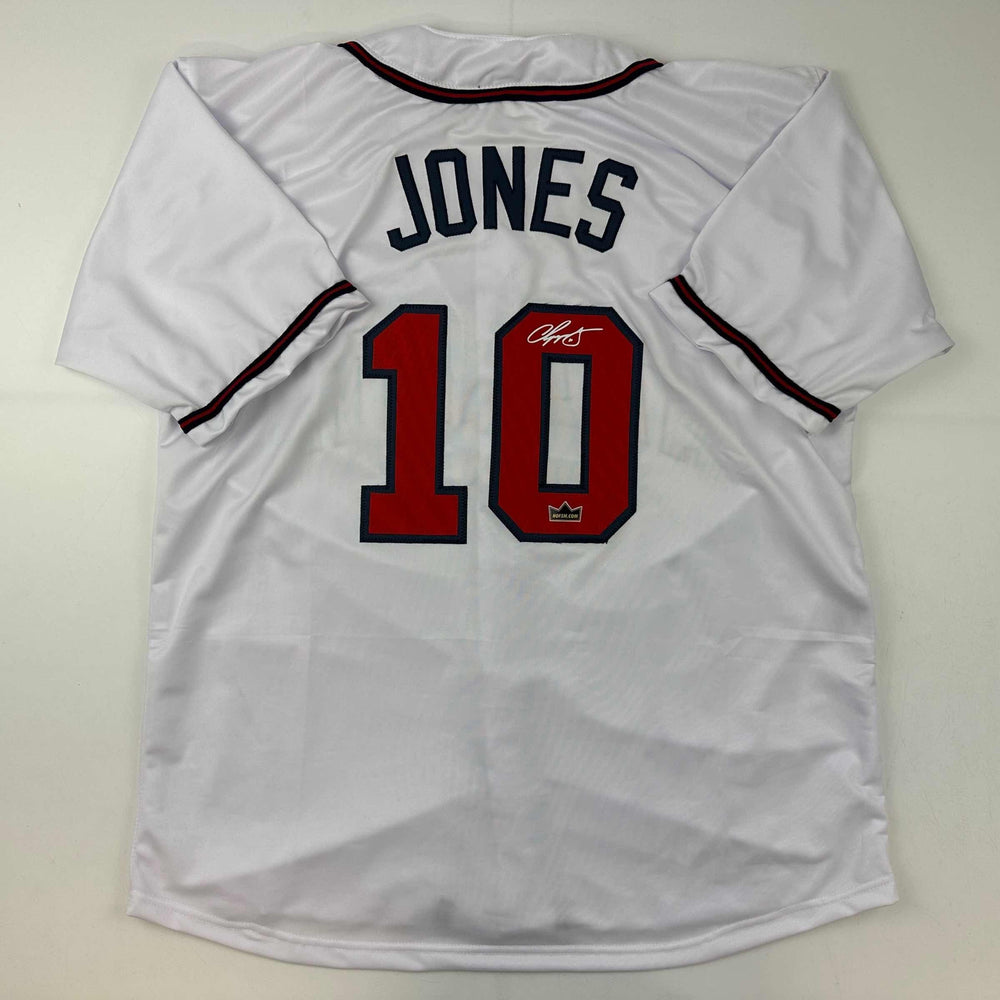 Facsimile Autographed Chipper Jones Atlanta White Reprint Laser Auto Baseball Jersey Size Men's XL (ONLINE ORDER ONLY)