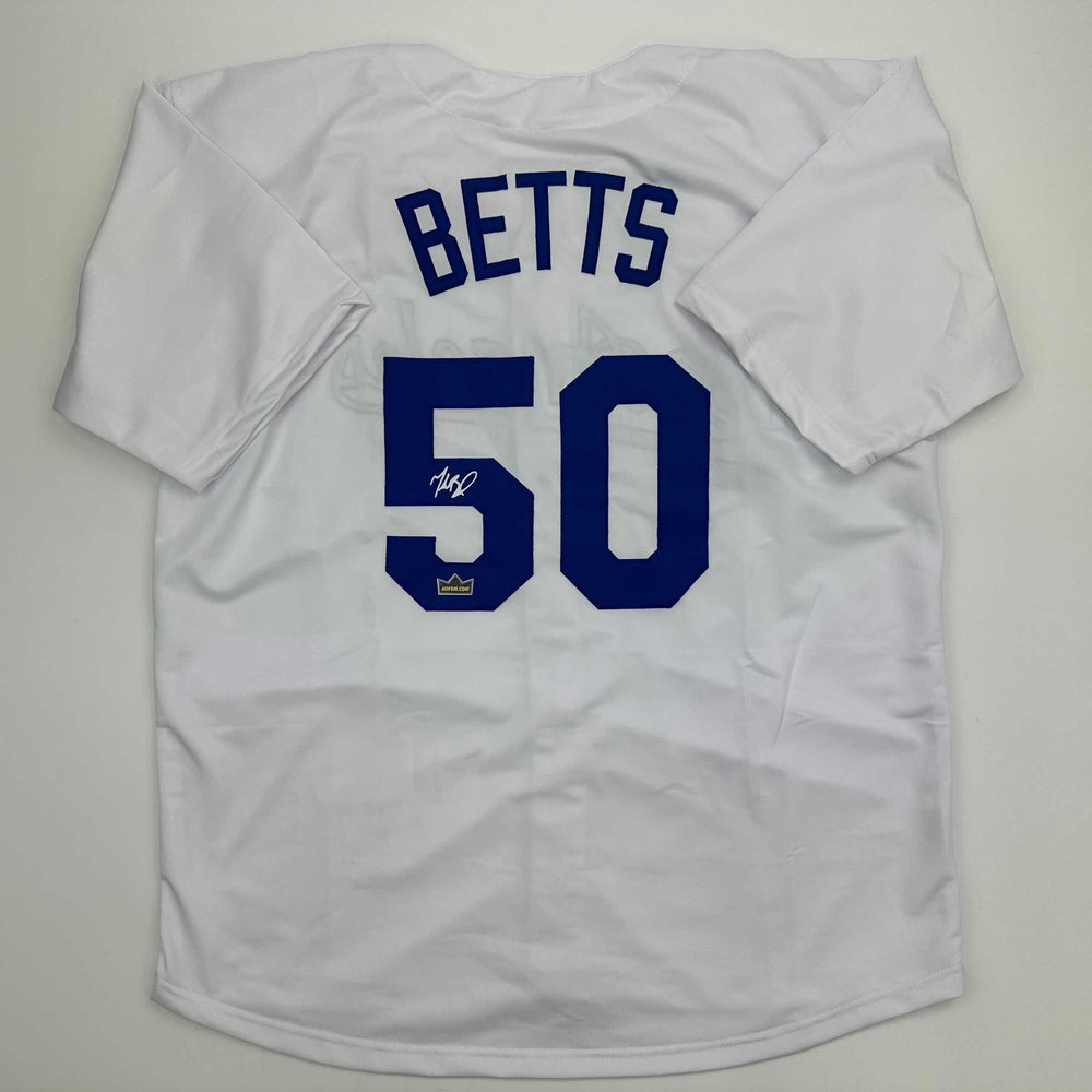 Facsimile Autographed Mookie Betts Los Angeles LA White Reprint Laser Auto Baseball Jersey Size Men's XL (ONLINE ORDER ONLY)