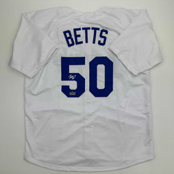 Facsimile Autographed Mookie Betts Los Angeles LA White Reprint Laser Auto Baseball Jersey Size Men's XL (ONLINE ORDER ONLY)