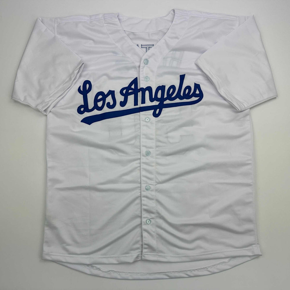 Facsimile Autographed Mookie Betts Los Angeles LA White Reprint Laser Auto Baseball Jersey Size Men's XL (ONLINE ORDER ONLY)
