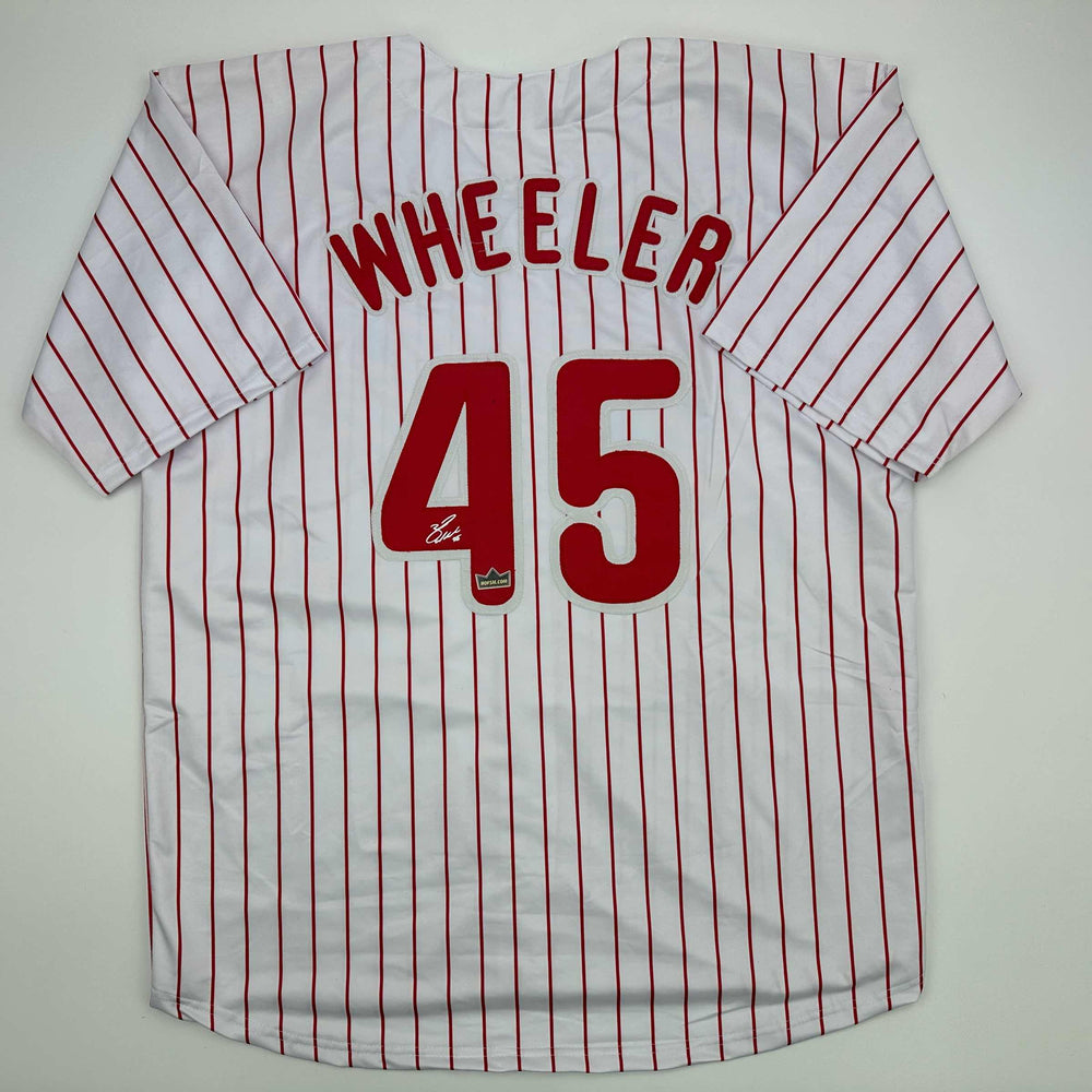 Facsimile Autographed Zack Wheeler Philadelphia Pinstripe Reprint Laser Auto Baseball Jersey Size Men's XL (ONLINE ORDER ONLY)