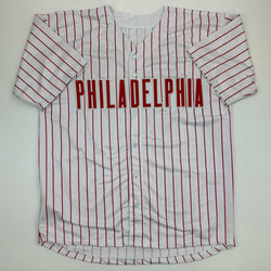 Facsimile Autographed Zack Wheeler Philadelphia Pinstripe Reprint Laser Auto Baseball Jersey Size Men's XL (ONLINE ORDER ONLY)