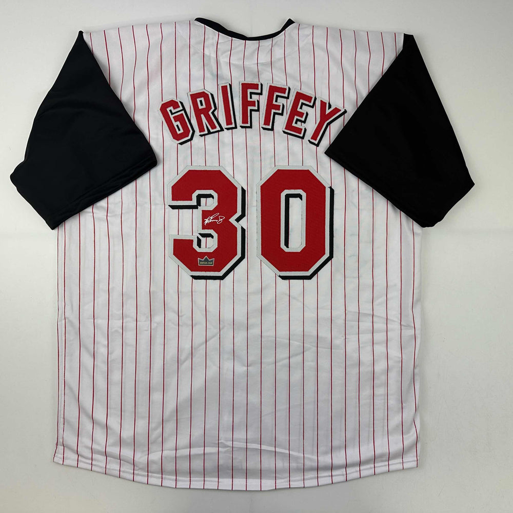 Facsimile Autographed Ken Griffey Jr. Cincinnati Pinstripe Reprint Laser Auto Baseball Jersey Size Men's XL (ONLINE ORDER ONLY)