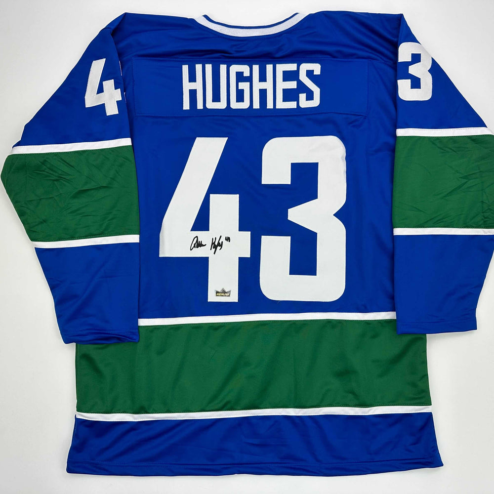 Facsimile Autographed Quinn Hughes Vancouver Blue Reprint Laser Auto Hockey Jersey Size Men's XL (ONLINE ORDER ONLY)