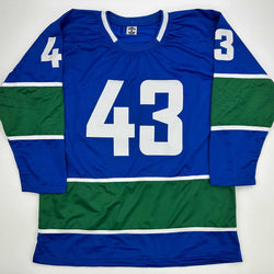 Facsimile Autographed Quinn Hughes Vancouver Blue Reprint Laser Auto Hockey Jersey Size Men's XL (ONLINE ORDER ONLY)
