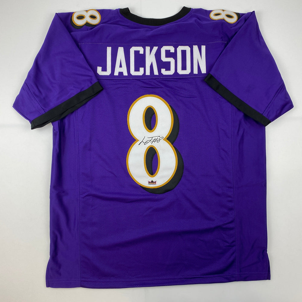 Facsimile Autographed Lamar Jackson Baltimore Purple Reprint Laser Auto Football Jersey Size Men's XL (ONLINE ORDER ONLY)