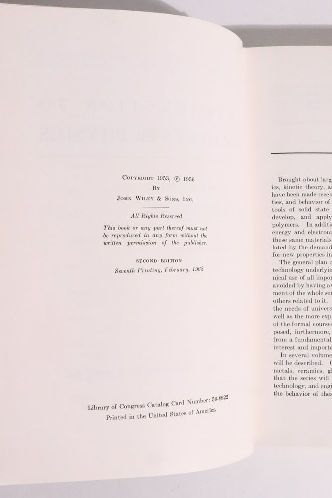 Introduction to Solid State Physics — Charles Kittel, 1963 (ONLINE ORDER ONLY)