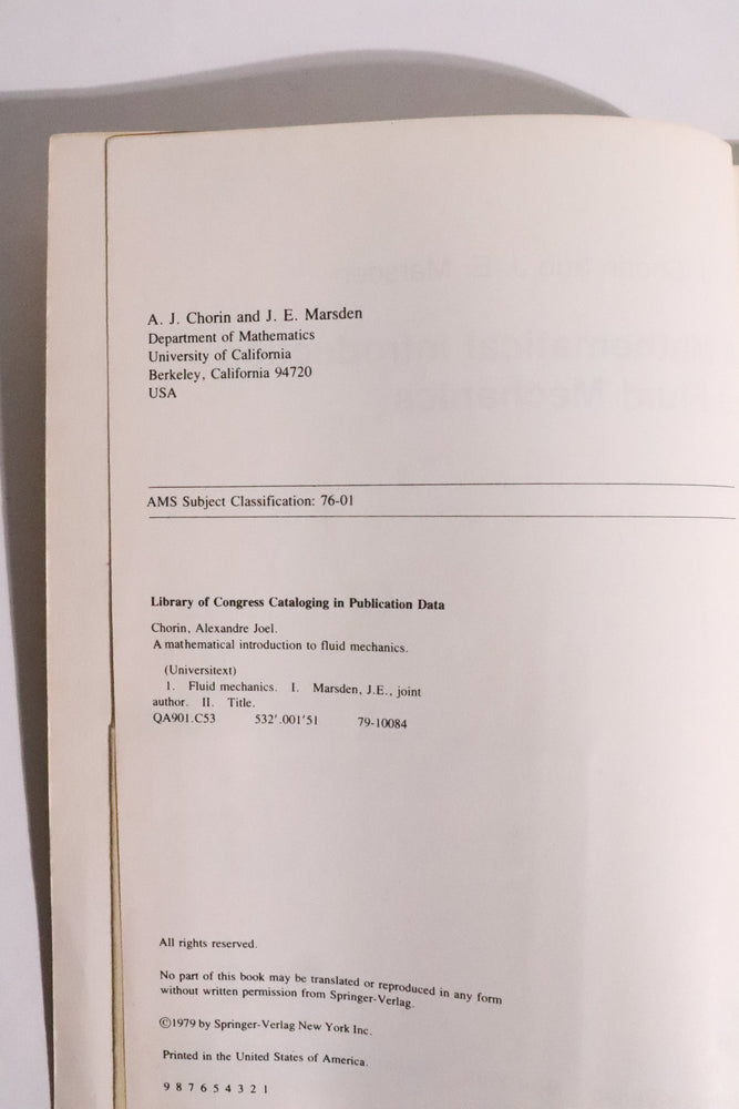 A Mathematical Introduction to Fluid Mechanics — Chorin & Marsden, First Edition, 1979 (ONLINE ORDER ONLY)
