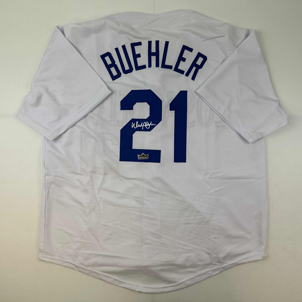 Facsimile Autographed Walker Buehler Los Angeles LA White Reprint Laser Auto Baseball Jersey Size Men's XL (ONLINE ORDER ONLY)