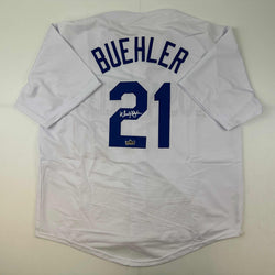 Facsimile Autographed Walker Buehler Los Angeles LA White Reprint Laser Auto Baseball Jersey Size Men's XL (ONLINE ORDER ONLY)