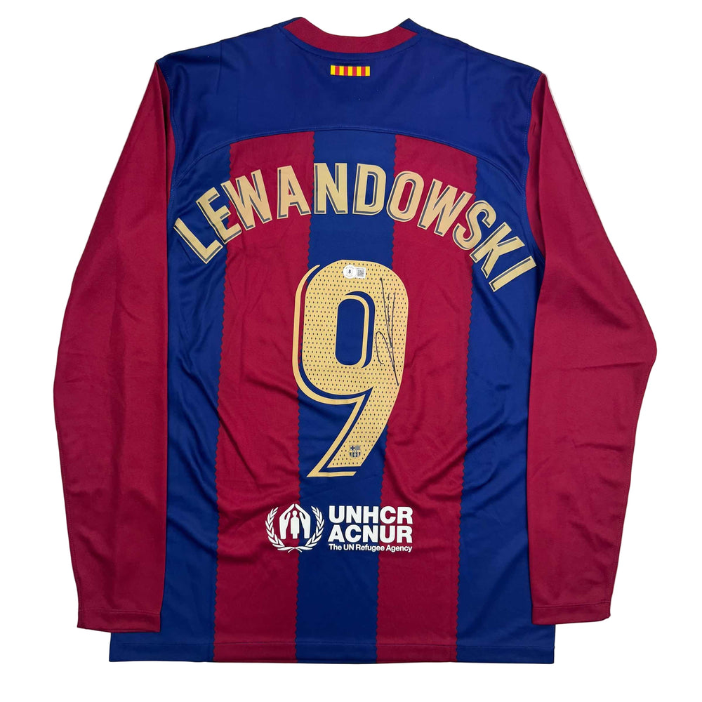 Autographed/Signed Robert Lewandowski FC Barcelona Blue Soccer Jersey Beckett BAS COA (ONLINE ORDER ONLY)