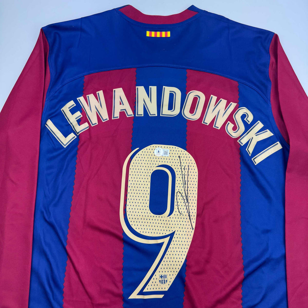 Autographed/Signed Robert Lewandowski FC Barcelona Blue Soccer Jersey Beckett BAS COA (ONLINE ORDER ONLY)