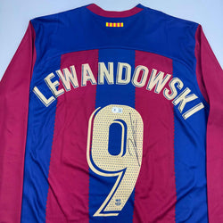 Autographed/Signed Robert Lewandowski FC Barcelona Blue Soccer Jersey Beckett BAS COA (ONLINE ORDER ONLY)