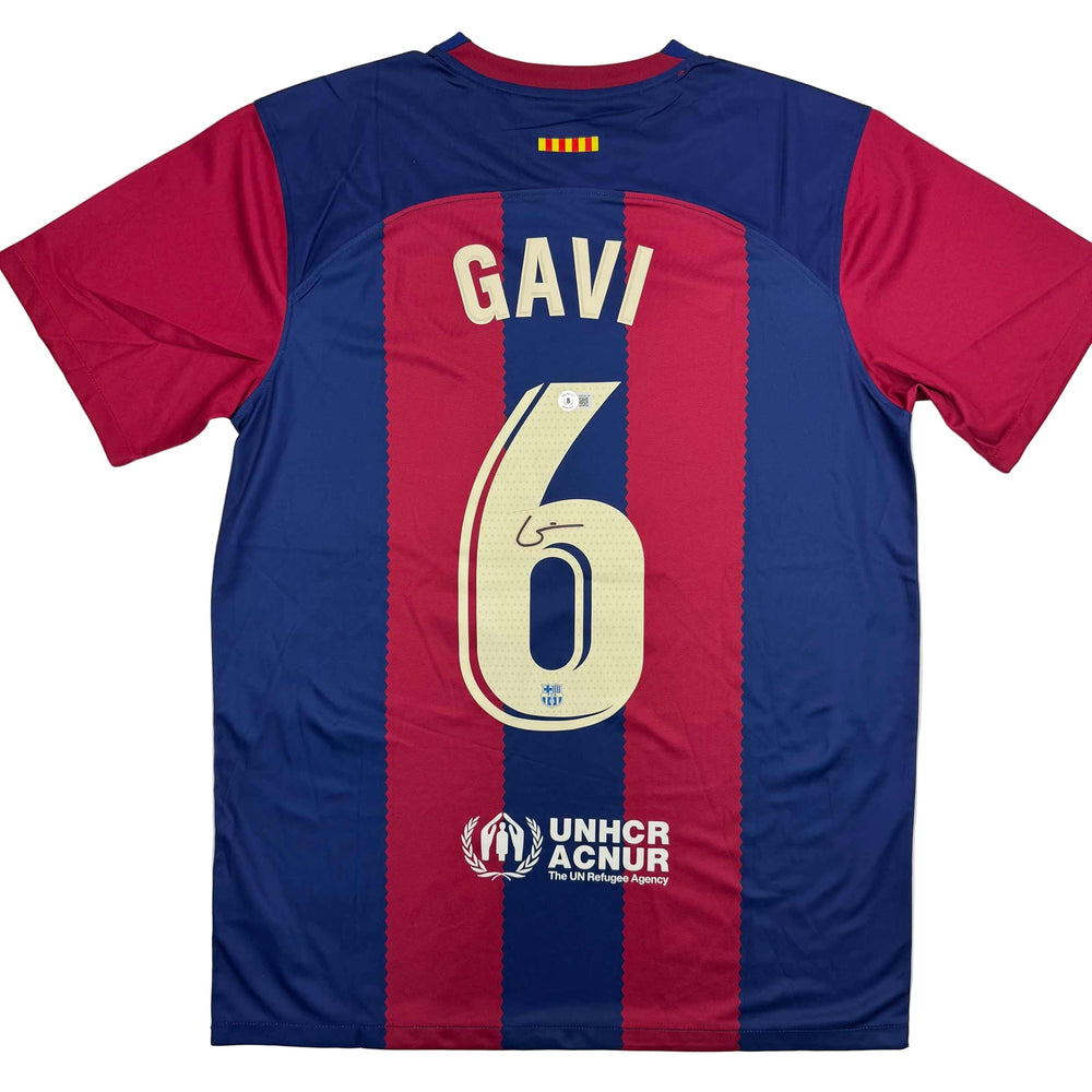 Autographed/Signed Gavi FC Barcelona Blue Soccer Jersey Beckett BAS COA (ONLINE ORDER ONLY)