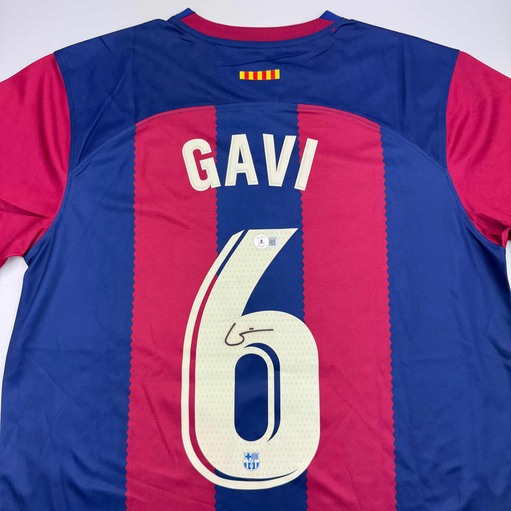 Autographed/Signed Gavi FC Barcelona Blue Soccer Jersey Beckett BAS COA (ONLINE ORDER ONLY)