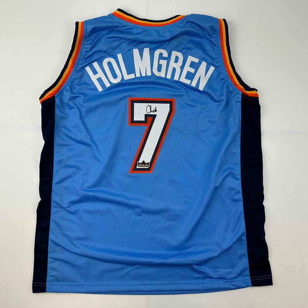 Facsimile Autographed Chet Holmgren Oklahoma City Blue Reprint Laser Auto Basketball Jersey Size Men's XL (ONLINE ORDER ONLY)