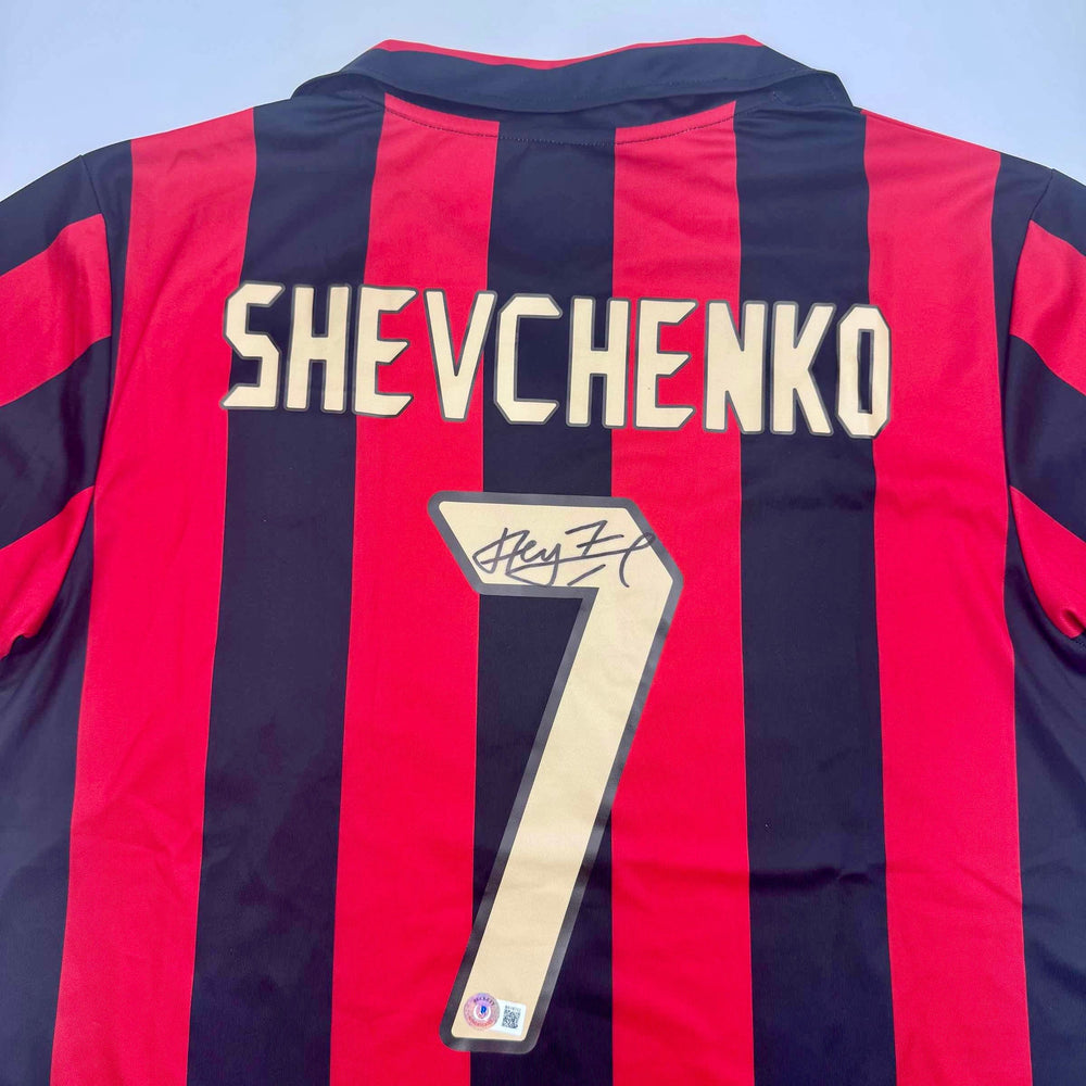 Autographed/Signed Andriy Shevchenko AC Milan Red/Black Soccer Futbol Jersey Beckett BAS COA (ONLINE ORDER ONLY)