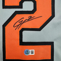Autographed/Signed Gunnar Henderson Baltimore Grey Baseball Jersey Beckett BAS COA (ONLINE ORDER ONLY)