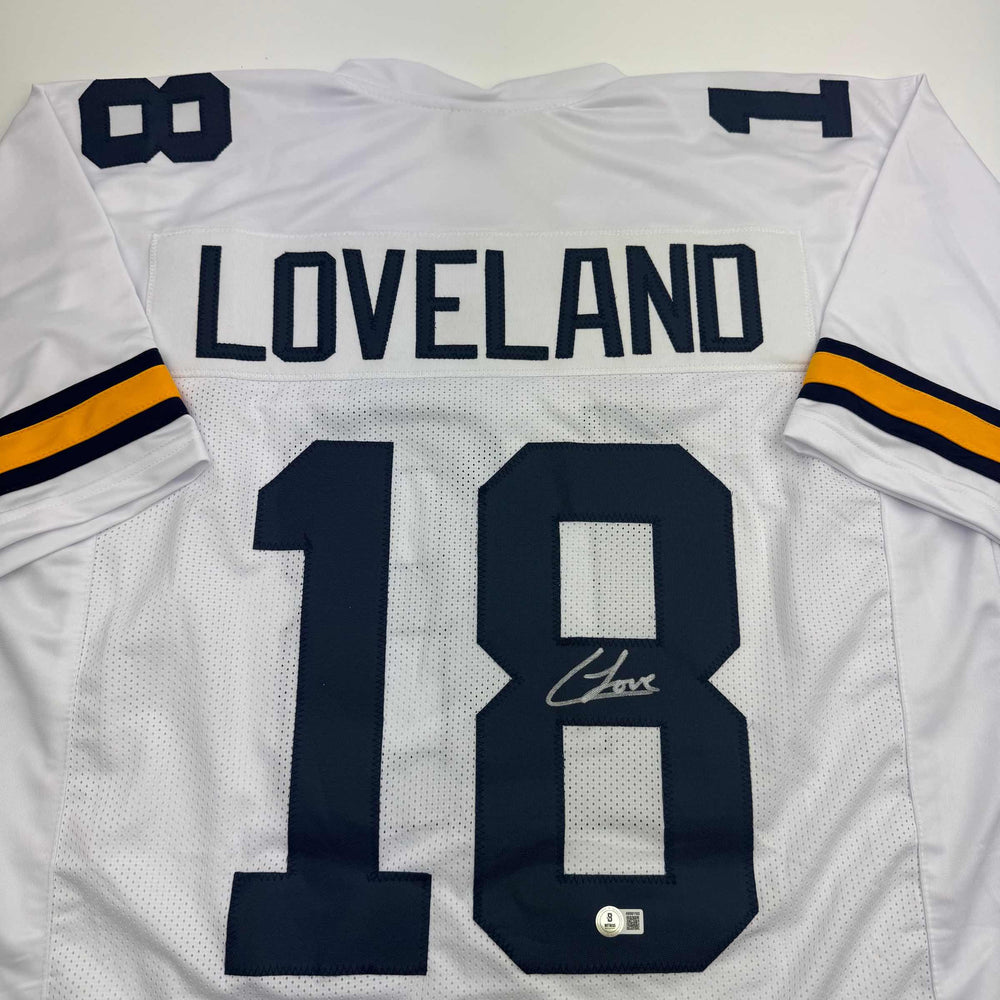 Autographed/Signed Colston Loveland Michigan White College Football Jersey Beckett BAS COA (ONLINE ORDER ONLY)