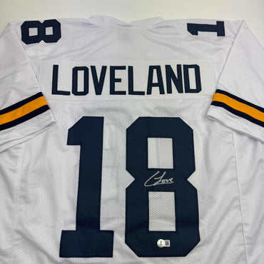 Autographed/Signed Colston Loveland Michigan White College Football Jersey Beckett BAS COA (ONLINE ORDER ONLY)