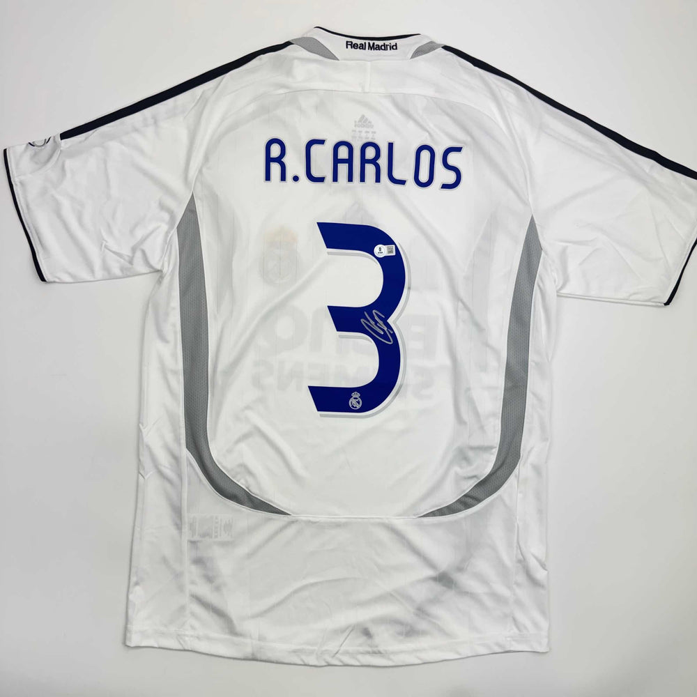 Autographed/Signed Roberto Carlos Real Madrid White Soccer Jersey Beckett BAS COA (ONLINE ORDER ONLY)