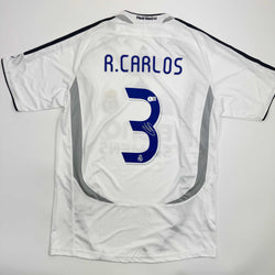 Autographed/Signed Roberto Carlos Real Madrid White Soccer Jersey Beckett BAS COA (ONLINE ORDER ONLY)
