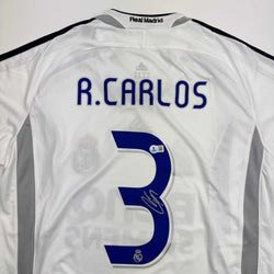 Autographed/Signed Roberto Carlos Real Madrid White Soccer Jersey Beckett BAS COA (ONLINE ORDER ONLY)
