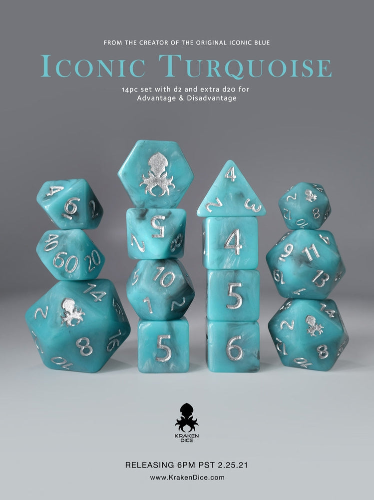 14 pc Iconic Turquoise Polyhedral Dice Set with Silver Ink (ONLINE ORDER ONLY)
