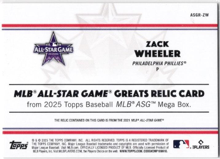 2025 Topps Zack Wheeler #ASGRZW All Star Game Greats Relic Philadelphia Phillies Baseball Card (ONLINE ORDER ONLY)