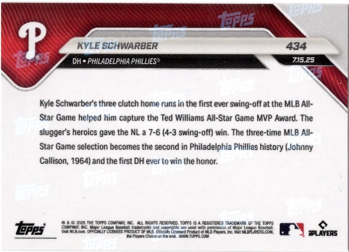 2025 Topps Now Kyle Schwarber #434 Gold Foil /50 Philadelphia Phillies Baseball Card (ONLINE ORDER ONLY)