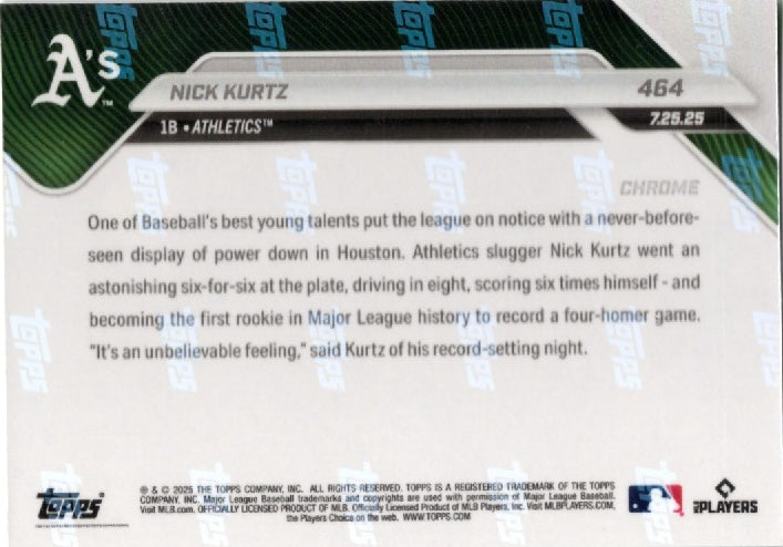 2025 Topps Now Nick Kurtz #464 Green Chrome /99 Athletics Rookie RC Baseball Card (ONLINE ORDER ONLY)