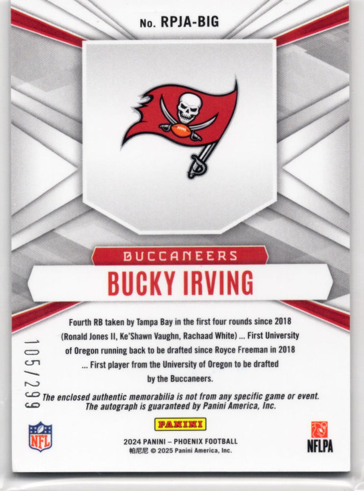 2024 Panini Phoenix Bucky Irving #RPJABIG Silver Rookie Phenom Patch Autograph /299 Rookie RC Football Card (ONLINE ORDER ONLY)