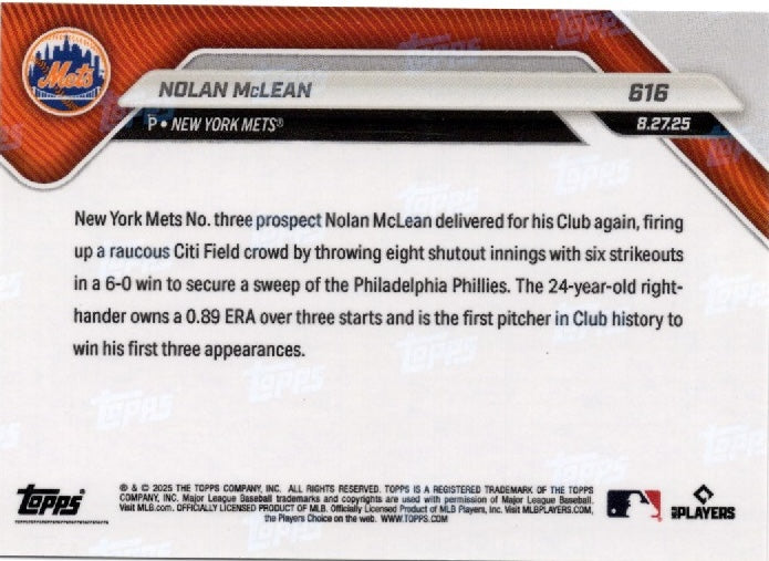 2025 Topps Now Nolan McLean #616 Gold Foil /50 New York Mets Rookie RC Baseball Card (ONLINE ORDER ONLY)