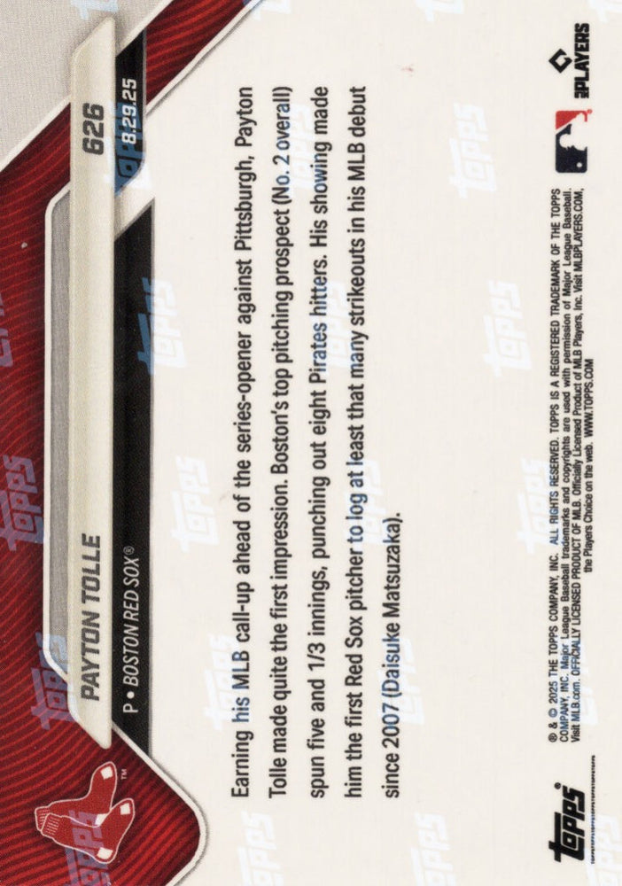 2025 Topps Now Payton Tolle #626 Black Foil /10 Boston Red Sox Rookie RC Baseball Card (ONLINE ORDER ONLY)