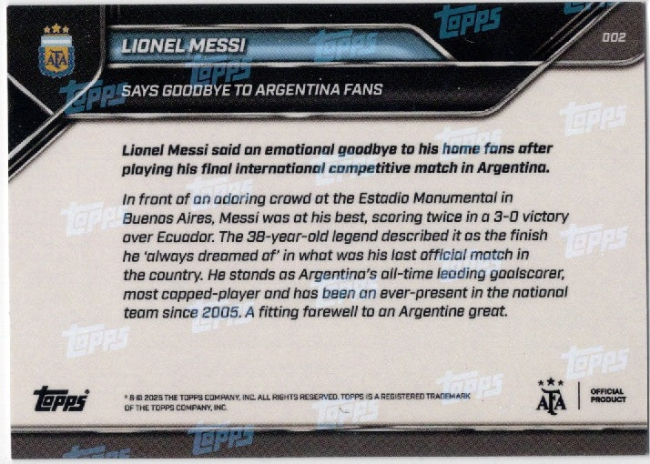2025 Topps Now Lionel Messi #002 Gold /50 Argentina Soccer Card (ONLINE ORDER ONLY)