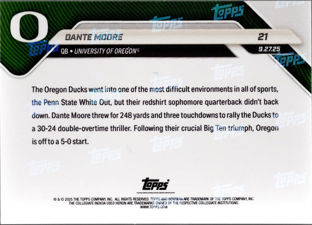2025 Topps Bowman U Now Dante Moore #21 Gold Foil /50 Oregon Ducks Rookie RC Football Card (ONLINE ORDER ONLY)