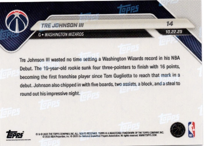 2025 Topps Now Tre Johnson #14 Black Foil /10 Washington Wizards Rookie RC Basketball Card (ONLINE ORDER ONLY)