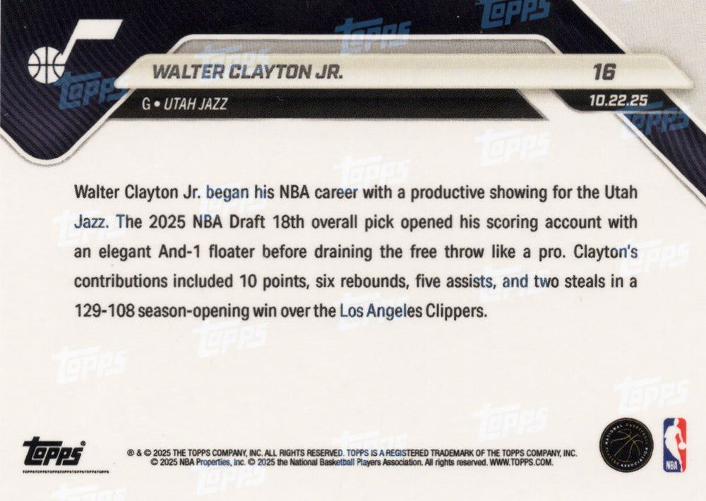 2025 Topps Now Walter Clayton Jr #16 Orange Foil /25 Utah Jazz Rookie RC Basketball Card (ONLINE ORDER ONLY)