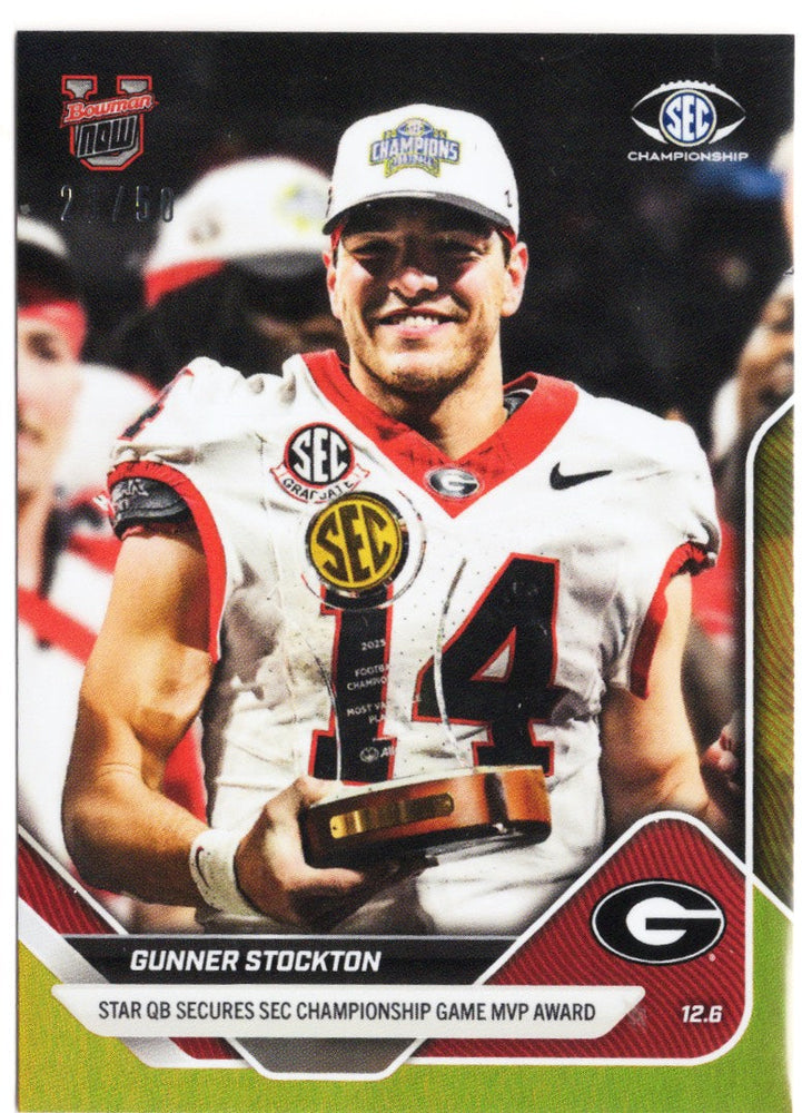 2025 Topps Bowman U Now Gunner Stockton #57 Gold Foil /50 Georgia Bulldogs Rookie RC Football Card (ONLINE ORDER ONLY)