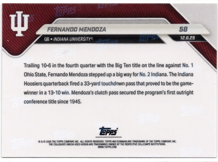 2025 Topps Bowman U Now Fernando Mendoza #58 Gold Foil /50 Indiana Hoosiers Rookie RC Football Card (ONLINE ORDER ONLY)
