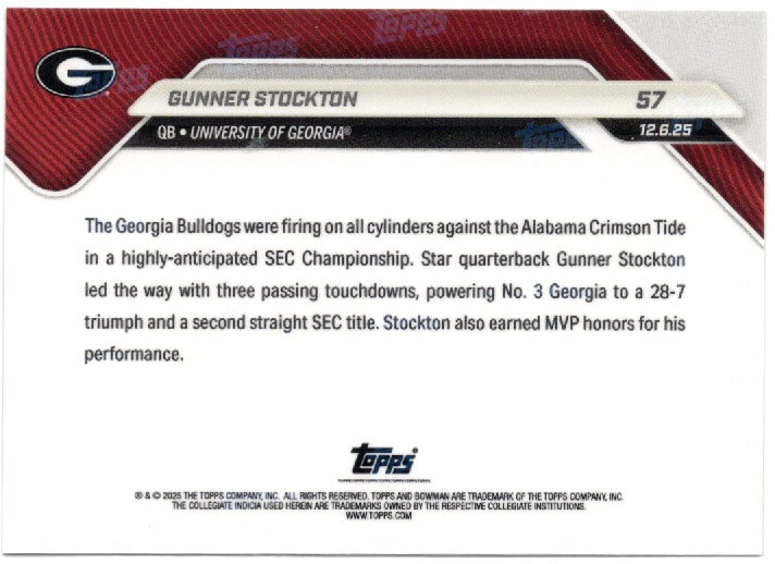 2025 Topps Bowman U Now Gunner Stockton #57 Gold Foil /50 Georgia Bulldogs Rookie RC Football Card (ONLINE ORDER ONLY)