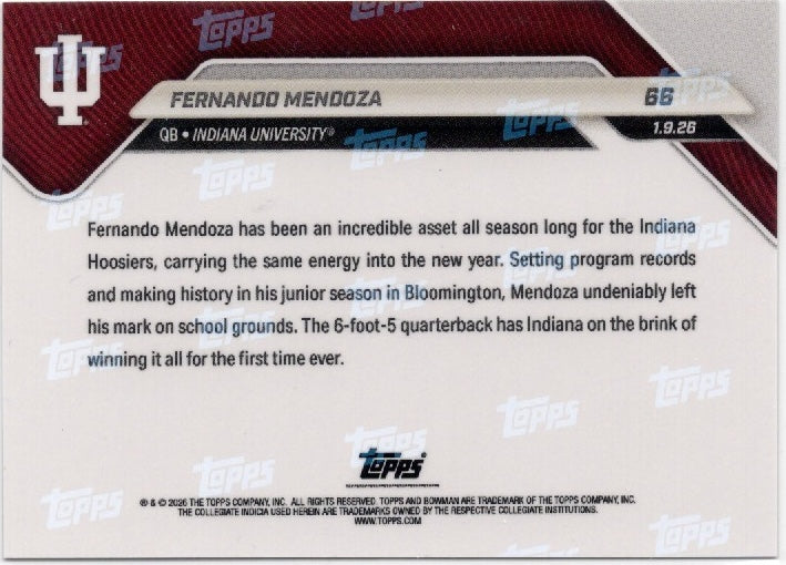 2025 Topps Bowman U Now Fernando Mendoza #66 Gold Foil /50 Indiana Hoosiers Rookie RC Football Card (ONLINE ORDER ONLY)