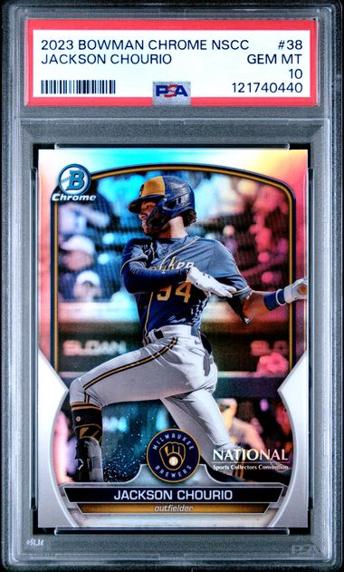Graded 2023 Topps Bowman Chrome National Jackson Chourio #38 Chrome Rookie RC Baseball Card PSA 10 Gem Mint (ONLINE ORDER ONLY)